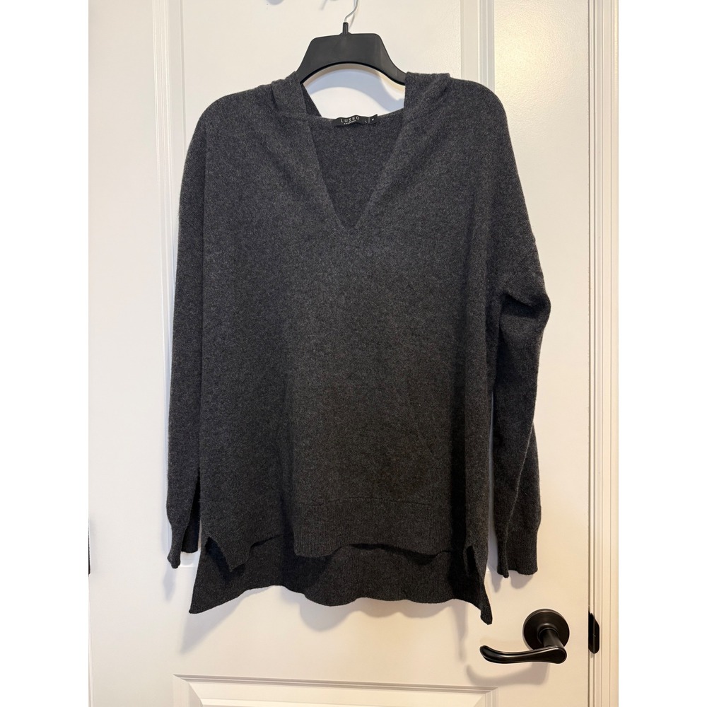 Lusso Cashmere Hoodie Sweater Womens Medium Gray Excellent V-Neck High-Low Knit